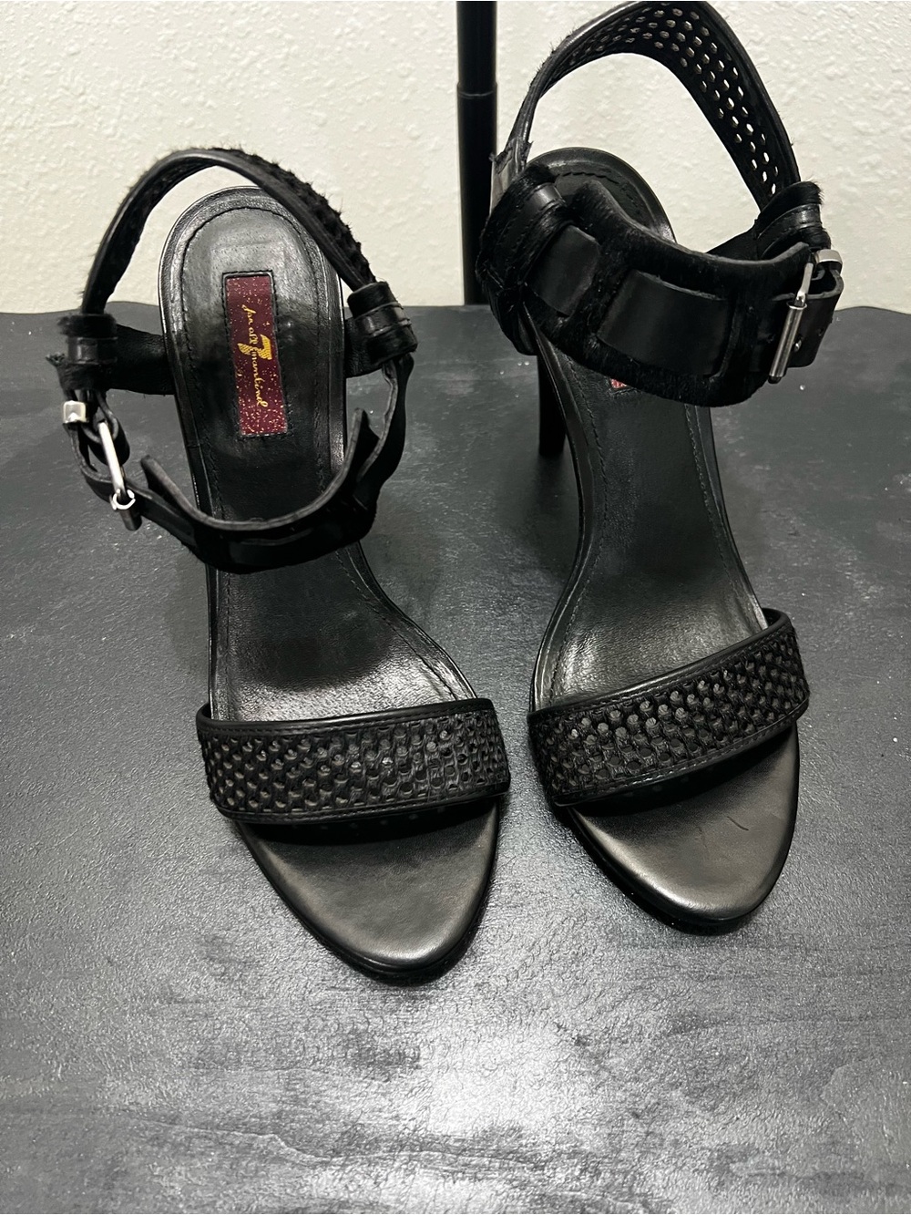 7 For All Mankind Black Textured Ankle-Strap Heels